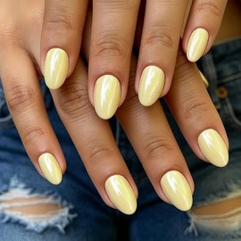 Uñas postizas cortas de cromo amarillo pastel, uñas postizas almendradas extra cortas brillantes con pegamento y pestañas, uñas postizas ovaladas grue