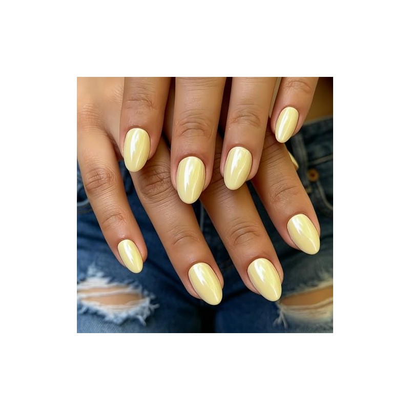 Uñas postizas cortas de cromo amarillo pastel, uñas postizas almendradas