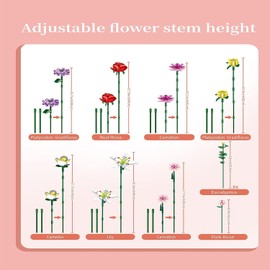 JDHTMTCBGX Adults Flowers Bouquet Building Set for Women, 10 Artificial Flowers, with Blocks Vase (730 Pcs)