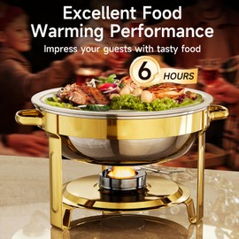 Chafing Dishes for Buffet, 4 Pack 5QT Round Stainless Steel Chafing Dish Set for Home Parties, Christmas Gatherings, Catering Events Complete Buffet Warmer Set (Golden 4)