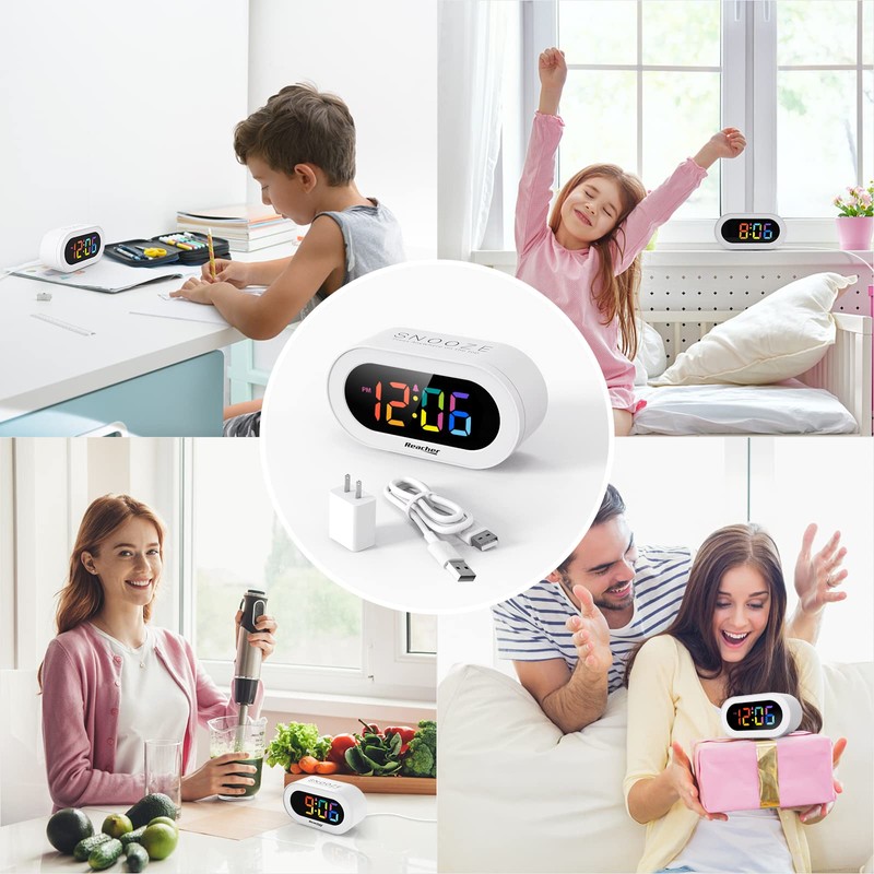 REACHER Kids Alarm Clock with USB Charger, Dimmable Rainbow LED