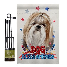 Breeze Decor Patriotic Shih Tzu Garden Flag Set with Stand Animals Dog Puppy Spoiled Paw Canine Fur Pet Nature Farm Animal Creature Small Decorative Gift Yard House Banner Made in USA 13 X 18.5