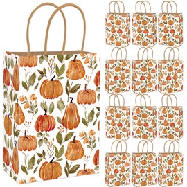 JarThenaAMCS 24Pcs Fall Paper Bag Pumpkin Floral Leaves Treat Bags with Handles Rustic Candy Goodie Bags for Autumn Harvest Thanksgiving Party Favors Supplies