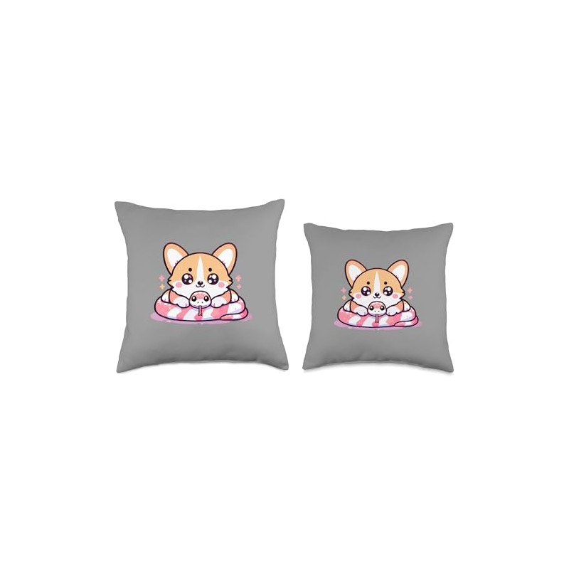 Funny Japanese Corgi Snake Kawaii Art Throw Pillow
