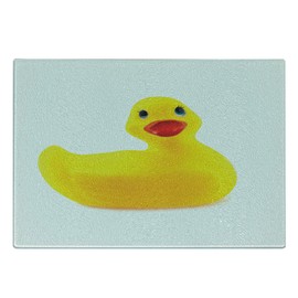 Ambesonne Rubber Duck Cutting Board, Yellow Squeak Ducky Toy Fun Bubble Bath Animal Room Duckling Print, Decorative Tempered Glass Cutting and Serving Board, Small Size, White and Yellow