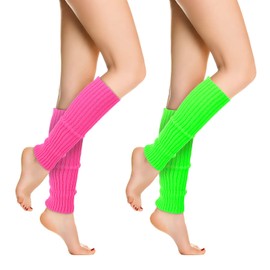 Yolev 2 Pairs Women's Leg Warmers Neon Pink Fluorescent Green Knitted Leg Warmers 80s 90s Prom Party Accessories Retro Party Dance Aerobics Costume Accessories, Pink Green