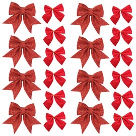 Jupsk Christmas Bow Set, 20 Pieces Bows Glitter Christmas Decoration Christmas Tree Decoration for Wrapping Gifts, Garland Decoration (Red)