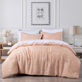 Chezmoi Collection Isla 7-Piece Floral Bed in a Bag Queen, Coral/White, Jacquard Textured Lightweight Bedding for All Season (1 Comforter, 2 Shams, 2 Pillowcases, 1 Flat Sheet, 1 Fitted Sheet)