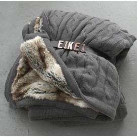 Luxury Cable Knit Throw with Faux Fur Reverse Knitted Cozy Blanket in Charocal and Chinchilla Brown Reversible (Grey)