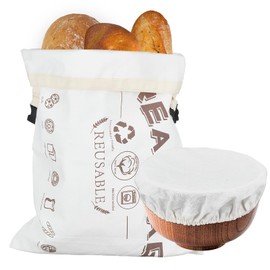 letsinstyle 2Pcs Linen Large Bread Bags with Cotton Bowl Cover Set, Reusable Bun Bags Unbleached Large Bread Storage, Food Organization for Homemade Loaf Sourdough Food Storage