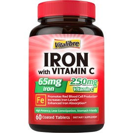 Vitalibre Iron Supplement, 65mg Carbonyl Iron with 250mg Vitamin C, Stomach Friendly Iron Pills for Blood Building Women & Men, High Absorption, No Nausea, No Constipation, Non-GMO, No Gluten, 60 Vegan Tabs
