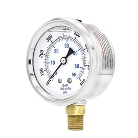 PIC Gauge 201L-254L Glycerin Filled Industrial Bottom Mount Pressure Gauge with Stainless Steel Case, Brass Internals, Plastic Lens, 2-1/2" Dial Size, 1/4" Male NPT Connection Size, 0/800 psi Range