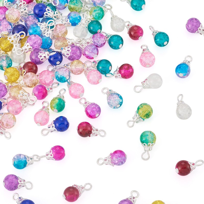 Beadthoven 120Pcs Crackle Glass Crystal Charms Teardrop Glass Dangle Beads