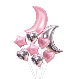 AnnoDeel 9pcs Large Moon Star Foil Balloons, 30inch Big Pink Silver Moon Balloons and 18inch Star Heart Mylar balloons for Girl Baby Shower Party Birthday Decorations