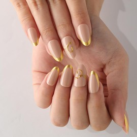 evpct Initial Letter French Tips Press On Nails Short Almond for Women Gift, Nude + Gold Tip, Glossy Soft Gel Press Glue On Nail with Nail Glue, 3D Design Full Cover Reusable Acrylic Fake Nails Kit, C