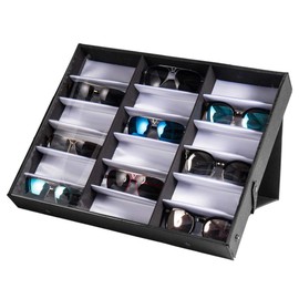 COOBL 18 Slot Sunglass Organizer,PU Leather Eyeglasses Eyewear Display Case,Multiple Glasses Storage for Women and Men,Black