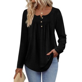 WIHOLL Womens Tops Jumpers for Womens UK Crewneck Pleated Tunic Shirts Casual Curved Hem Sweatshirts Size 10-12 Black
