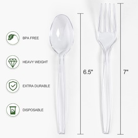 VITEVER [200 Count] Heavy Duty Plastic Silverware Set - 100 Forks and 100 Spoons for Parties - Clear