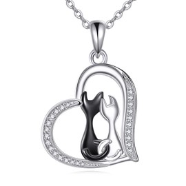VONALA Cat Necklace 925 Sterling Silver Animal Heart Pendant Black Cat Jewellery for Women, Sterling Silver, Cubic Zirconia