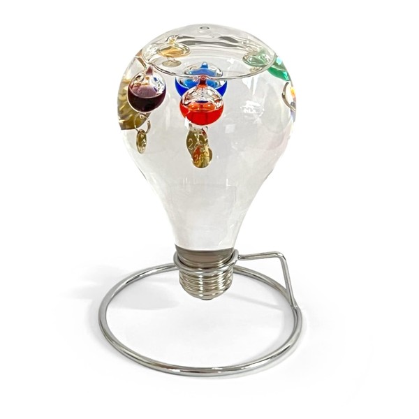 GALILEO THERMOMETER LIGHT BULB SHAPED on Stand | Multicoloured | Temperature Gauge | with 5 floating temperature baubles.