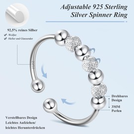 wohn&lebe Anxiety Ring 925 Silver Anti-Stress Ring, Women's Adjustable Anxiety Ring, 925 Silver with Movable Beads, Spinner Ring, 925 Silver Calm Ring, Anti-Stress Ring, 925 Silver, Silver