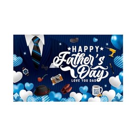 Fathers Day Decorations Banner,110 * 180cm Blue Happy Fathers Day Best Dad Photo Backdrop with Beard Pipe Shoes, Watch Balloons Photo Booth Props for Father's Day Party Supplies Decorations