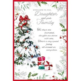 Daughter & Family Christmas Card - Snowy Tree Holly Border and Silver Foil 9x6"