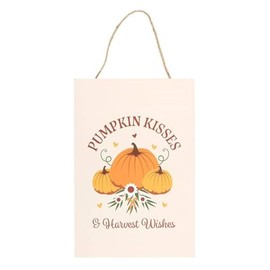 Pumpkin Kisses & Harvest Wishes Hanging Sign – Cozy Autumn Decor with Pumpkin Design – Sturdy MDF, Perfect for Doors, Walls, or Windows