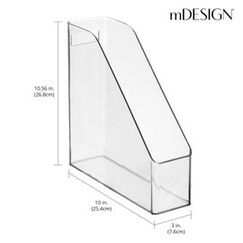 mDesign Plastic Slim Vertical File Folder Storage Organizer Bin with Handle, Hold Notebooks, Binders, Envelopes, Magazines for Home Office, Work Desktops, Ligne Collection, 4 Pack, Clear