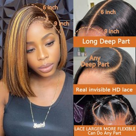 GUDOZO Ombre Glueless Wigs Human Hair Pre Plucked Pre Cut 200% Density Bob Wig Human Hair Glueless 4/27 Highlight Honey Blonde Lace Front Bob Wigs Human Hair 9x6 HD Lace Front Wigs Human Hair 10inch