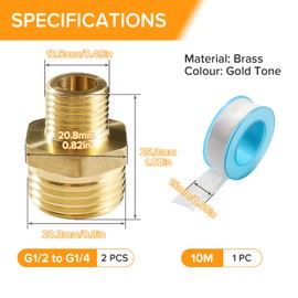 Lyeteung 2 PCS G1/2 Male to G1/4 Male, Thread Brass Hex Nipple Connector, Straight Pipe Hex Fitting, with Plumbers Tape, for Pipe Connection