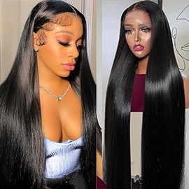 Lace Front Wigs Human Hair 13x6 Lace Front Wigs Human Hair Pre Plucked 24 Inch Straight Lace Front Wigs Transparent Lace Frontal Wigs Human Hair for Women Natural Black with Baby Hair Glueless Wigs