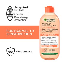 Garnier SkinActive Micellar Gentle Peeling Water with 1% PHA + Glycolic Acid + Papaya Extract, Cleanses & Gently Exfoliates Skin, for Normal to Sensitive Skin - 400ml
