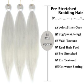 Gray Braiding Hair Pre stretched 30 Inch 3 Packs Colored Jumbo Braiding Hair For Festival Braids Hair Synthetic Braids Hair Silver Grey(30inch 3Packs)
