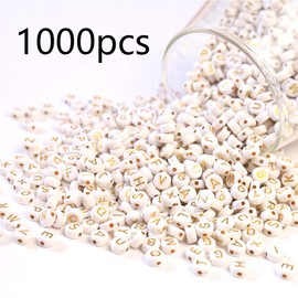 DAHI 1000pcs Gold Acrylic Letter Beads,Round Letter Beads Threading Spacer Alphabet Bead, 26 Style A-Z Alphabet Acrylic Bead Kits for Bracelets Making (rund Gold-White-4 * 7)