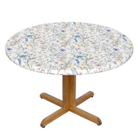 KiuLoam Spring Floral Round Tablecloth Blue Pink Wild Flowers Plant Print Table Cover with Elastic Edge Washable Fitted Table Cloth for Kitchen Patry Outdoor Decor Fits 45"-50", Medium