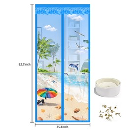 Magnetic Fly Screen Door Heavy Duty Windproof Anti Mosquito Mesh Curtain with Magic Tape No Punch Lace Decorative Embroidery Pattern Curtain Keeps Bugs & Insects Out (90x210CM, Island Scenery)