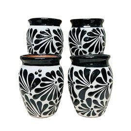 Set of Black Espiga Plumeado Cantarito Cup - Set Clay Cantarito Engobe - Handmade Mexican Clay Cups - Margarita Cups - Summertime Essentials (Set of 4)