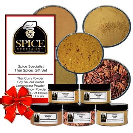 Thai Spices Gift Set - Contains: 5 Assorted Plastic Jars 1 each of: Thai Curry, Powder Ground Ginger, Soy Sauce Powder, Lemongrass powder Chilies, Thai Short X-Hot Chilies)
