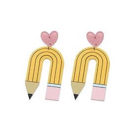 Teacher Earrings for Women Wooden Pencil Drop Earrings Acrylic U-shaped Leopard Rainbow Pencil Dangle Drop Earring for Teachers Gifts Jewelry -Style 1