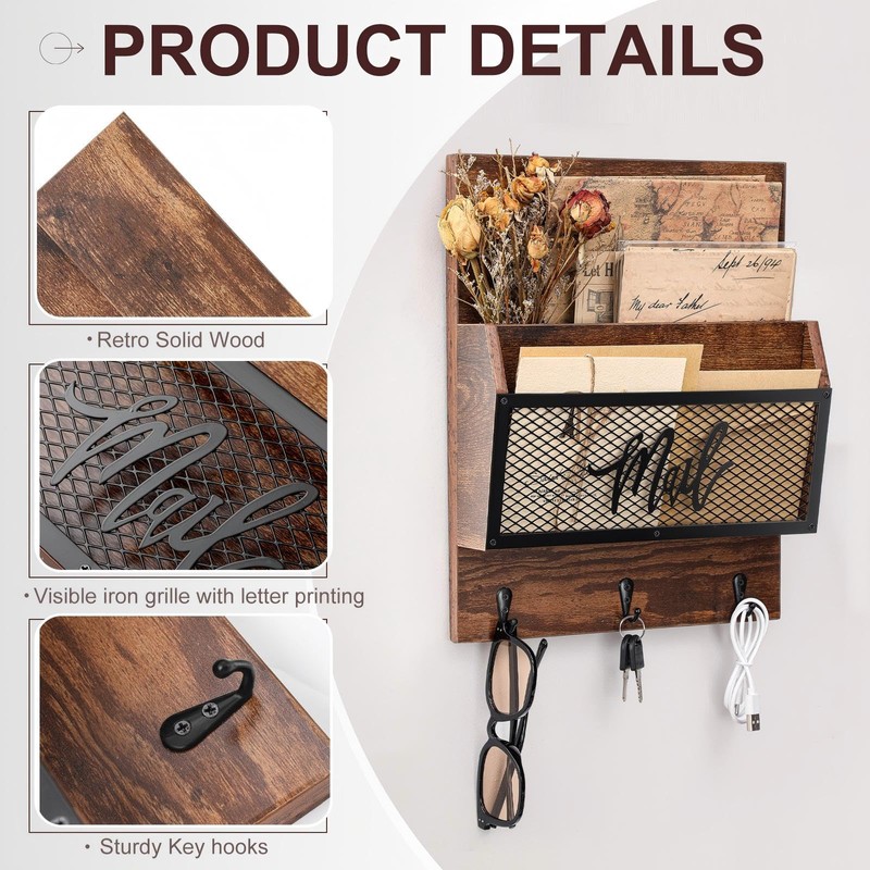 Yalikop Farmhouse Mail Organizer Wall Mounted Rustic Mail Holder Hanging