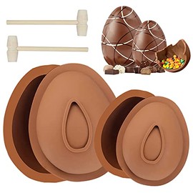 Easter Egg Silicone Mold for Chocolate, 4PCS 3D Egg Shape Molds 2 x 4inch & 2 x 6inch Large Size Non-Stick DIY Baking Candy Molds with 2 Wood Hammers for Easter Decorations, Party, Kids Gift