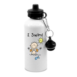 New Spirit Original Stick figure sun blue fish waves I swim water bottle with clip, water bottle, drinks bottle, swimming, sunshine, holiday, sport