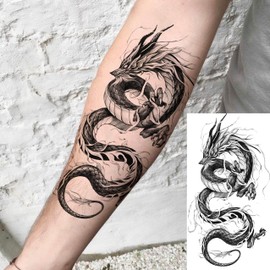 TASROI 8 Sheets Cool Dragon Temporary Tattoos For Men Women Adults, Black Realistic Dragon Tattoo Sticker Half Arm Sleeve, Waterproof Tribal Totem Fake Tattoos That Look Real and Long Lasting Set Kit