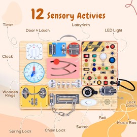 25 in 1 Busy Board with 13 LED Light Switches and 12 Activity, Montessori Toys for 1 2 3 Years Old, Wooden Sensory Board, Toddlers Travel Toys for 1+ Year Old Boy & Girl Birthday Gift（Extra-Large）