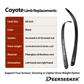 Deerseeker Archery Takedown Recurve Bow Limbs Replacements Longbow Limbs for 60" Wooden Bow 25-60lbs (Right Hand, Recurve Bow Limbs, 20lb)