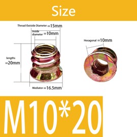 Aoktorkit 20Pcs Threaded Insert Nuts M10*20 Furniture Hex Drive Nuts Flat Head Threaded Rivet Nuts Screw-in Nuts for Wood Furniture