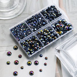 Briskbloom 3600PCS Flatback Pearls, Black AB Half Pearls for Crafts Crocs Shoes Cups Scrapbooking, 2mm 3mm 4mm 5mm 6mm 8mm Round Half Pearl Beads for DIY Jewelry Decoration, Imitation Loose Pearls