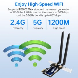 AC1200 Tarjeta WiFi PCIe para PC de computadora con Bluetooth 5.1, adaptador de red inalámbrico de doble banda, 2.4 GHz y 5 GHz, 2 antenas de alta ganancia, para juegos y transmisión, compatible con