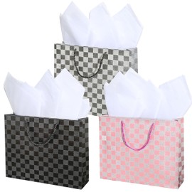 MyGift Birthday Gift Bags for Women, Kids, Men with Assorted Color Glitter Checkerboard Design, 15 x 12, Set of 3